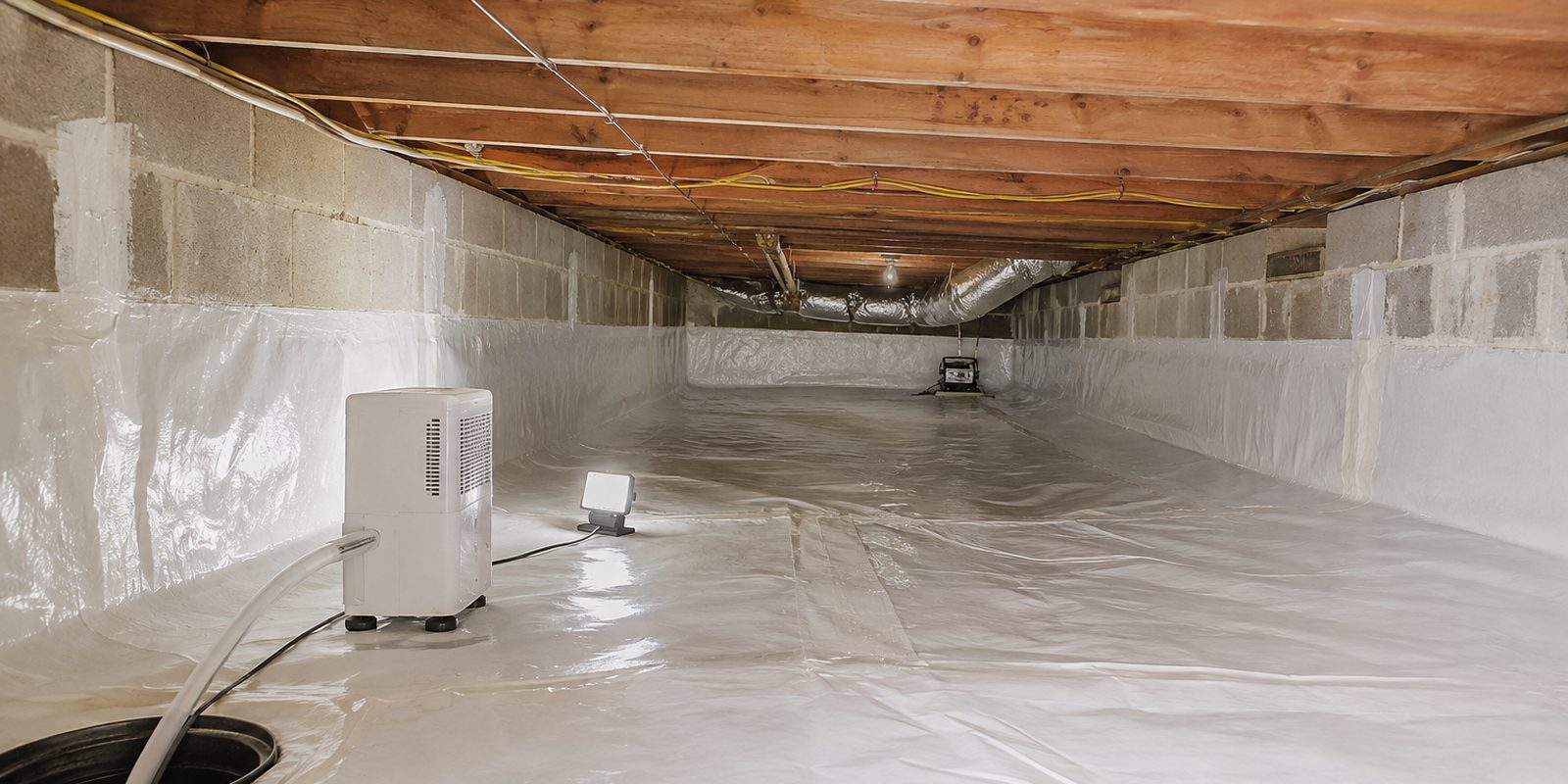 Encapsulated crawl space with a sealed white vapor barrier and dehumidifier under a Huntsville home