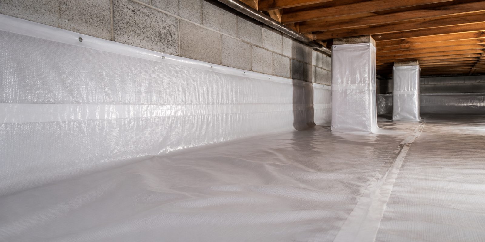 Liner fastened to the foundation wall with wrapped piers and taped seams in an encapsulated Huntsville crawl space