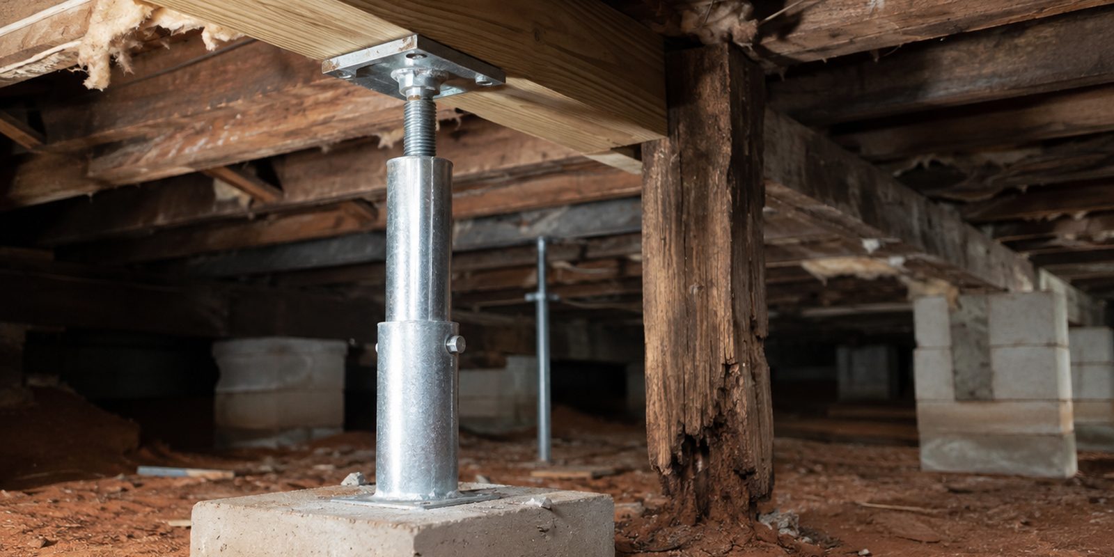 New steel support jack and girder replacing a rotted post beneath a Huntsville home