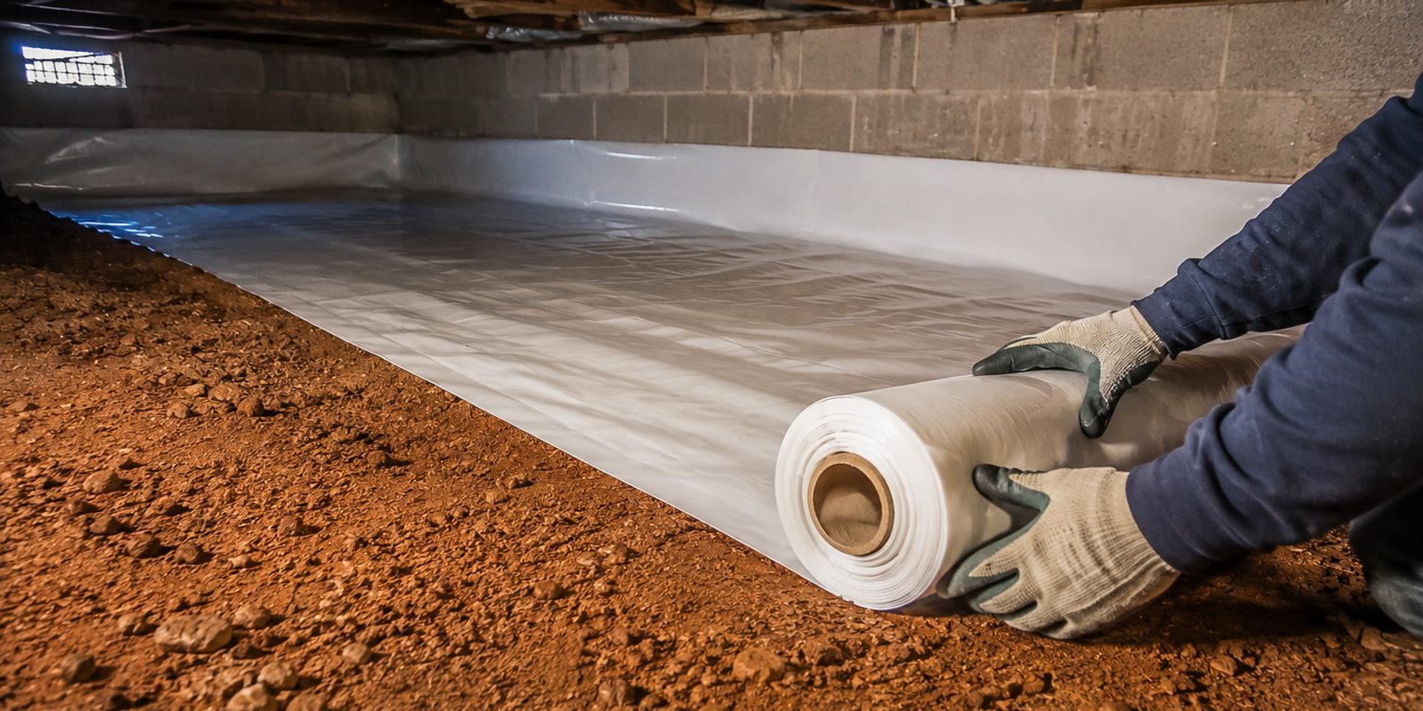Vapor barrier being rolled out over bare soil in a Huntsville crawl space